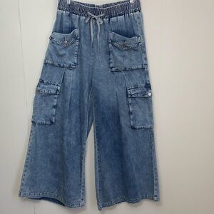 Blue Velvet Wide Leg Jeans with Cargo Pockets